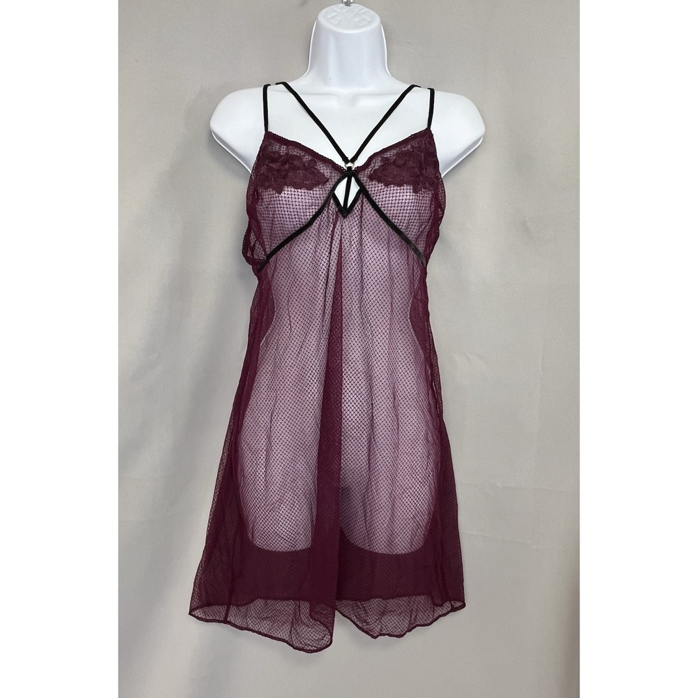 Victoria's Secret Sheer Chiffon‎ & Lace Babydoll Set Maroon Large (L)